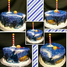 four pictures of a blue cake with white frosting and a red candle on top