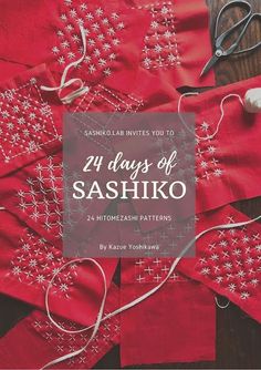 the book cover for 24 days of sashiko, featuring red fabric and scissors