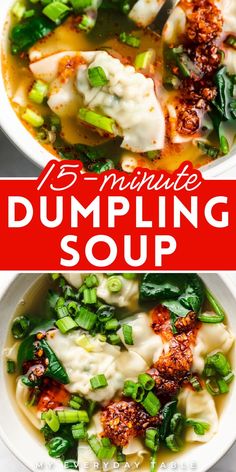 two bowls filled with dumpling soup on top of a table