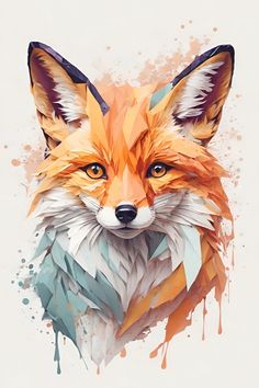 a painting of a fox's head with orange and blue colors