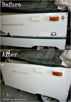 before and after photos of an old white truck