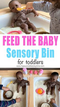 two toddlers playing with toys in a bathtub, and the words feed the baby sensory bin for toddlers