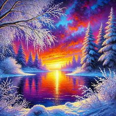 a painting of snow covered trees and the sun setting over a lake with water in it