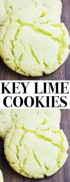 two cookies with green frosting on top and the words key lime cookies above them