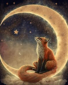 a painting of a fox sitting on the moon