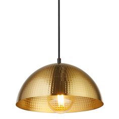 a gold colored light hanging from a ceiling fixture on a white background with a black cord