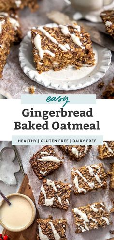 an image of gingerbread baked oatmeal bars on a table with coffee