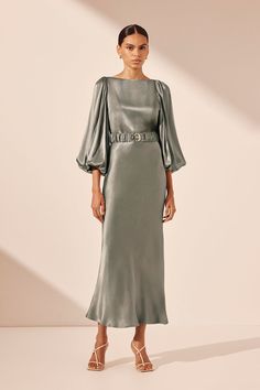 La Lune Balloon Sleeve Midi Dress with Belt | Sage | Dresses | Shona Joy Satin Wedding Guest Dress With Sleeves, Satin Gown Bridesmaid, Charity Event Outfit, Baloon Dress, Modest Bridesmaid Dresses With Sleeves, Shona Joy La Lune, Simple Midi Dress, Shona Joy Dress, Sage Dresses