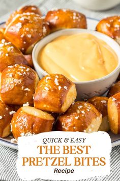 the best pretzel bites recipe on a plate with dipping sauce