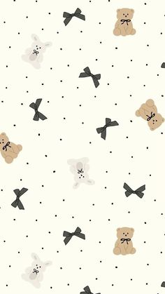 a teddy bear pattern with black bows and dots on a white background that is very cute