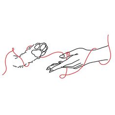 a drawing of two hands touching each other with red string attached to their fingers, on a white background