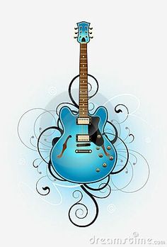 a blue electric guitar with swirls and curls on it's neck, sitting in front of a white background