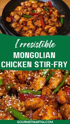 chicken stir fry in a skillet with sesame seeds on top and the words, irresistiblely mongolian chicken stir fry