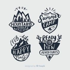 four badges with the words summer camp, ready for new adventures