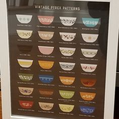 a framed poster with different types of bowls on it's display case in front of a window