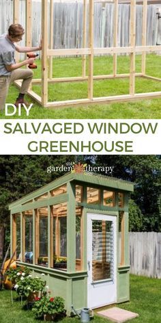 a small green house with the words diy salvaged window greenhouse