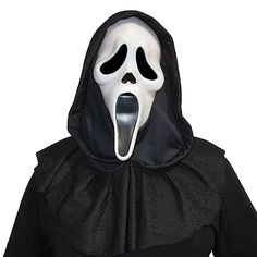 Scare all your friends when you wear this 25th Anniversary Scream Mask! The Movie Replica Vinyl Mask has black mesh eyes for good vision and an attached black Hood with a subtle metallic glint. Care Instructions: Hand wash cold water with mild soap. For best results hang or lay flat to dry. Scary Movie Mask, Face Mask Costume, Ghost Face Mask, Scream Mask, 25 Anniversary, Movie Replica, Scream Ghostface, Mask Costume, Scream Movie