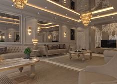 a living room filled with furniture and a chandelier