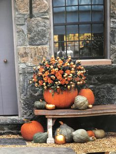 pumpkins and gourds are arranged on a bench in front of a house