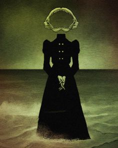 the silhouette of a woman standing in front of an ocean with a ring above her head