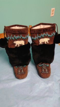 First  pair of mukluks Suede  with chinchilla  rabbit fur Chinchilla Rabbit, Native Wears, Beaded Moccasins, Big Board, Fantasy Collection, Beadwork Patterns, Leather Projects