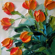 an oil painting of orange flowers on a white background