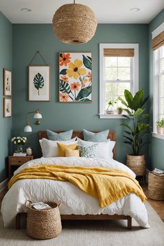 a bedroom with blue walls and white bedding, yellow blanket on the top of the bed