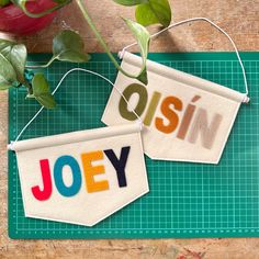 two tags with the word joey hanging from them on a cutting board next to a potted plant