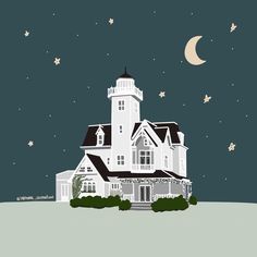 a white house with a black roof under the moon and stars in the night sky