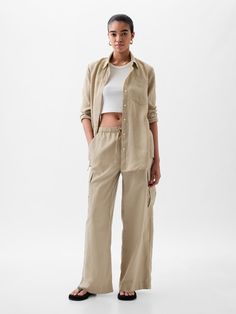 Mid Rise Linen-Cotton Pull-On Cargo Pants | Gap Gap Wide Leg Linen Pants, Beige Linen Cargo Bottoms, Gap Linen Pants For Spring, Summer Loose Fit Linen Cargo Pants, Linen Cargo Bottoms For Loungewear, Casual Linen Pants By Gap, Gap Linen Spring Pants, Spring Gap Linen Pants, Linen Cargo Pants With Pockets For Loungewear