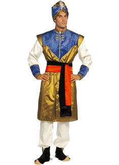 a man in a blue and gold costume standing with his hands on his hipss