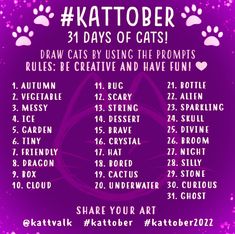 a purple poster with cats on it that says, katober 31 days of cats