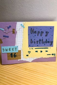 handmade birthday card with collage in purple, blue and cream colors Purple Birthday Card, Purple Collage, Bff Cards, Happy Birthday Cards Handmade, Happy Birthday Cards Diy, 16th Birthday Card, Hand Lettering Cards, Birthday Card Drawing