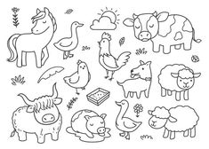 the farm animals are drawn in black and white