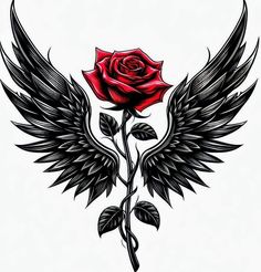 a rose with wings on it is shown in black and red ink, as well as the