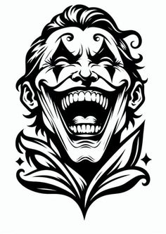 an evil clown with his mouth open and teeth wide open, black and white illustration