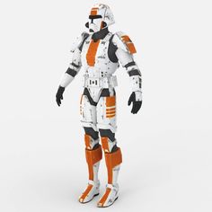 an orange and white robot standing in front of a white background