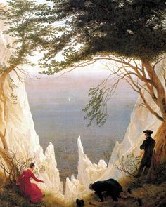 a painting of two people on the edge of a cliff