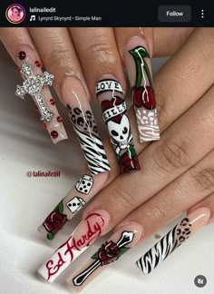 Ed Hardy Nails, Weak Nails, Punk Nails, Edgy Nails, Grunge Nails, Colored Acrylic Nails, Simple Acrylic Nails, Dope Nail Designs, Unique Acrylic Nails