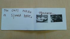 an open book with two pictures on it and the words, the cars have speed holes