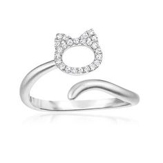 Ross-Simons - .10ct t.w. Diamond Open-Space Cat Bypass Ring in Silver. Size 8. This adorable ring is a purr-fect accessory for any cat lover! With a chic, minimalistic design, our ring features an open-space cat motif sparkling with .10 ct. t.w. diamond rounds in sandblasted sterling silver on a shank that wraps the finger like a cute tail. 1/16" wide. Diamond cat ring. Diamond birthstones are the perfect gift for April birthdays. Cat Rings Jewelry, Silver Cat Pendant, Diamond Cat, Cat Motif, Cat Pendant Necklace, Diamond Birthstone, Sterling Silver Cat, Bypass Ring, Cat Ring