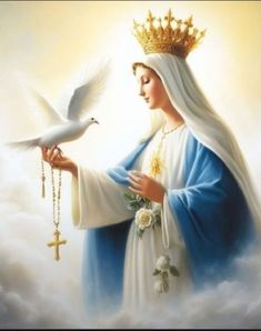 a painting of the virgin mary holding a white dove with a gold crown on her head