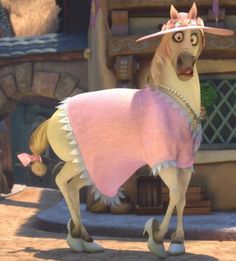 an animated horse wearing a pink dress and hat