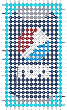 a cross stitch pattern with blue, red and white circles