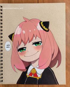 a drawing of a girl with pink hair and green eyes wearing a cat ears hat