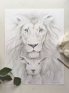 a drawing of a lion and a lamb in front of a white background with blue eyes