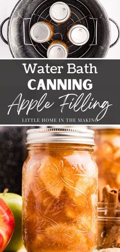 a jar filled with apple filling sitting on top of a table next to apples and an air fryer