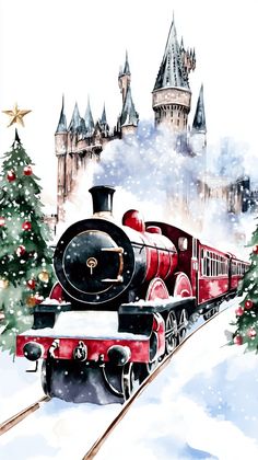 a painting of a train going down the tracks in front of a castle and christmas tree