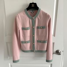 Sold Out Everywhere! Stunning Pink And Green Combination With Crystal Cc Logo Buttons. Size 34. Fits Xs/S Serious Inquiries Only!! Vintage Chanel Jacket, Chanel Cardigan, Green Combination, Chanel Cruise, Chanel Jacket, Cruise Collection, Cc Logo, Vintage Chanel, Pink And Green