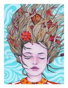 a drawing of a girl with her hair in the air and butterflies on her head